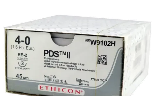 Ethicon Johnson - W9102H - PDS II Sutures USP 4-0, 1/2 Circle Round Body RB-2 - W9102H - 36 Foils Box