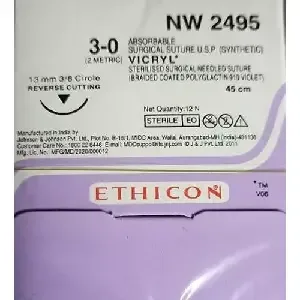 Ethicon Johnson - NW2495 - Vicryl Sutures USP 3-0, 3/8 Circle Reverse Cutting - NW2495 - 12 Foils Box