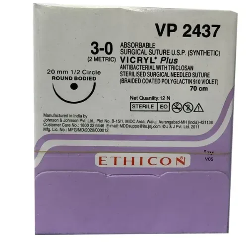 Ethicon Johnson - VP2437P - Vicryl Plus Sutures USP 3-0, 1/2 Circle Round Body - VP2437 - 12 Foils Box