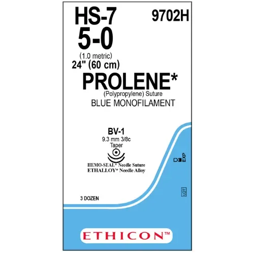 Ethicon Prolene Sutures USP 5-0, 3/8 Circle Taper Point BV-1 Ethalloy Hemo-Seal Double Needle 9702H - 36 Foils