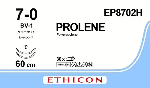 Ethicon Johnson - EP8702H - Prolene Sutures USP 7-0, 3/8 Circle Taper Point BV-1 Double Needle EP8702H - 36 Foils Box