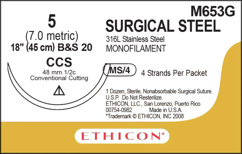 Ethicon Ethisteel Stainless Steel Sutures USP 5, 1/2 Circle Cutting CCS - M653G -12 Foils