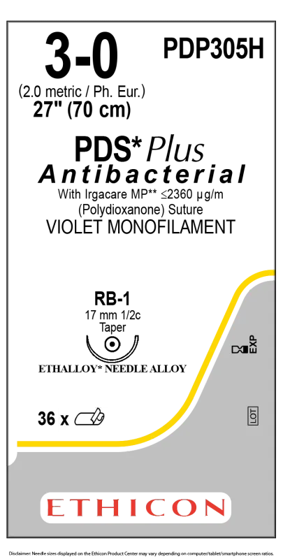 Ethicon Johnson - PDP305H - PDS Plus Sutures USP 3-0, 17 mm 1/2 Circle Taper Point RB-1 - PDP305H - 36 Foils Box