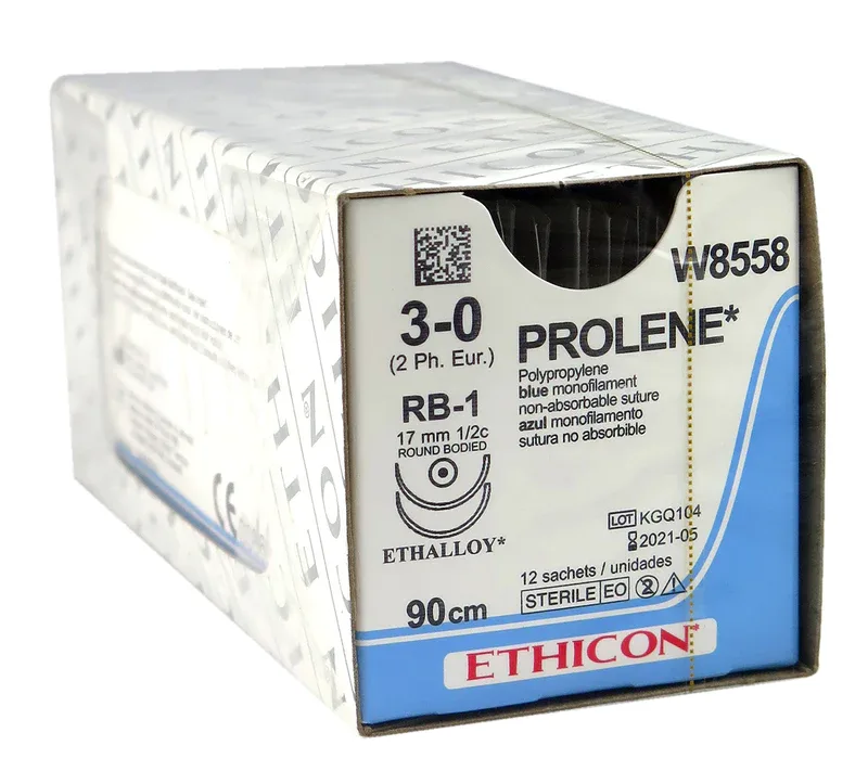 Ethicon Johnson - W8558 - Prolene Sutures USP 3-0, 1/2 Circle Round Body RB-1 Double Needle W8558 - 12 Foils Box