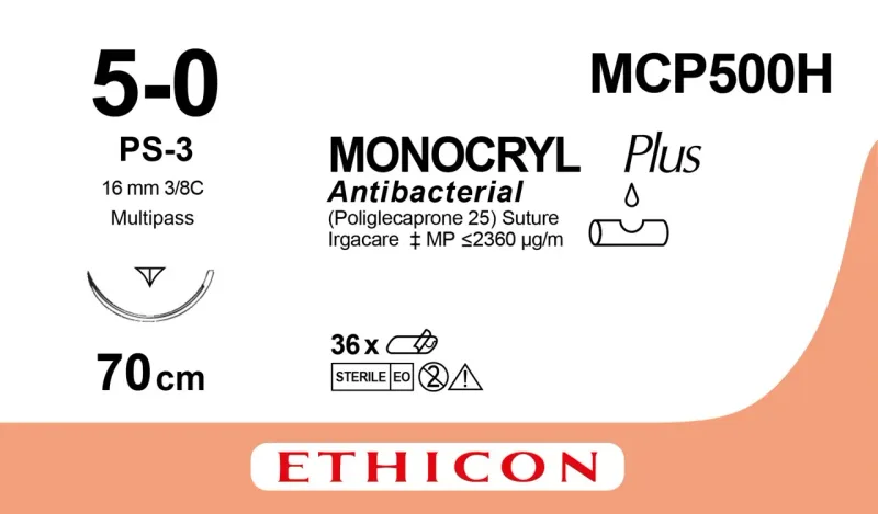 Ethicon Johnson - MCP500H - Monocryl Plus Sutures USP 5-0, 3/8 Circle Reverse Cutting Prime MCP500H - 36 Foils Box