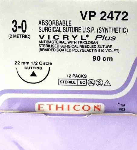 Ethicon Johnson - VP2472 - Vicryl Plus Sutures USP 3-0, 1/2 Circle Round Body - VP2472 - 12 Foils Box
