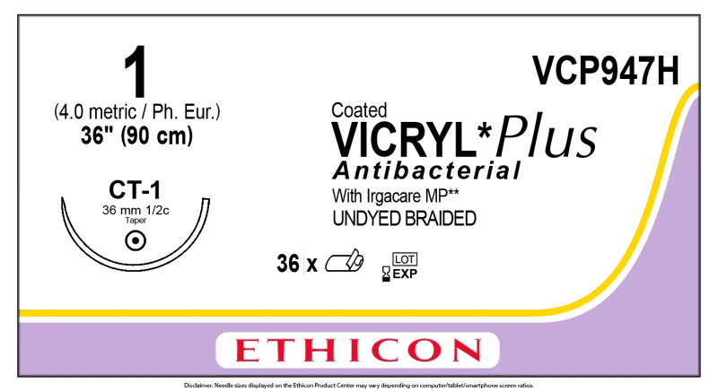 Ethicon Johnson - VCP947H - Vicryl Plus Sutures USP 1, 1/2 Circle Taper Point CT-1 - VCP947H - 36 Foils Box