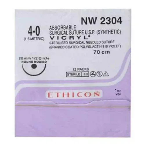 Ethicon Johnson - NW2304 - Vicryl Sutures USP 4-0, 1/2 Circle Round Body - NW 2304 - 12 Foils Box
