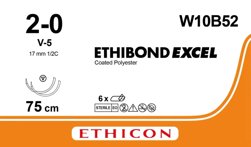 Ethicon Johnson - W10B52 - Ethibond Sutures USP 2-0, 1/2 Circle Tapercut SX Ethalloy Double Needle - W10B52-6 foils Box