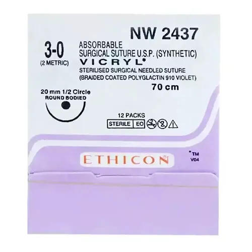 Ethicon Johnson - NW2437P - Vicryl Sutures USP 3-0, 1/2 Circle Round Body - NW 2437 - 12 Foils Box
