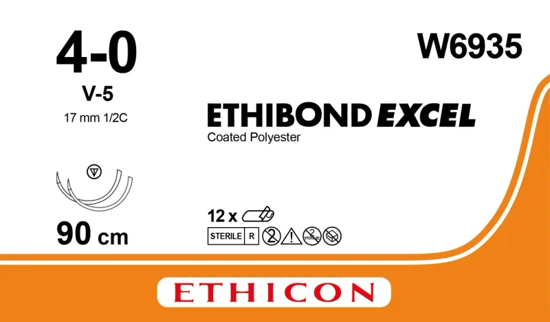 Ethicon Johnson - W6935 - Ethibond Sutures USP 4-0, 1/2 Circle Tapercut V-5 Double Needle - W6935 - 12 Foils Box
