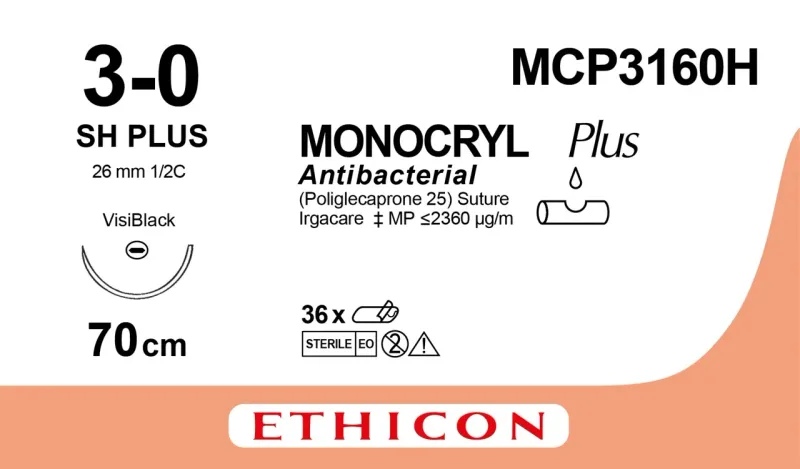Ethicon Johnson - MCP3160H - Monocryl Plus Sutures USP 3-0, 1/2 Circle Oval Round Body - MCP3160H - 36 Foils Box