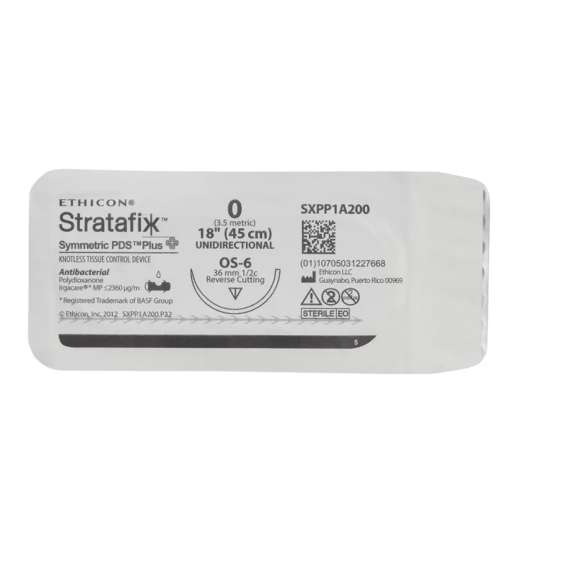 Ethicon Stratafix Symmetric PDS Plus Unidirectional Sutures USP 0, 36 mm  1/2 Circle Reverse Cutting OS-6 - SXPP1A200 -12 Foils