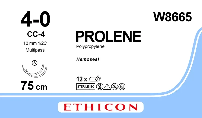 Ethicon Johnson - W8665 - Prolene Sutures USP 4-0, 1/2 Circle Round Body CC-4 Hemo-Seal MultiPass Double Needle W8665 - 12 Foils Box