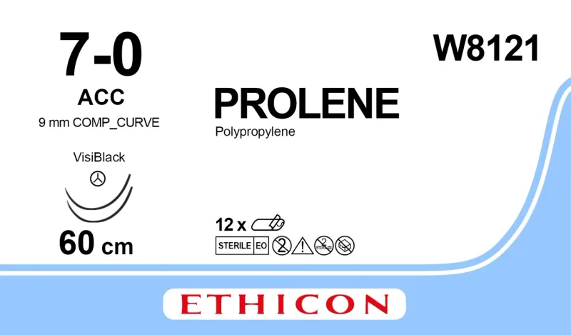 Ethicon Johnson - W8121 - Prolene Sutures USP 7-0, Acc BI-Curve Visi-Black Double Needle W8121 - 12 Foils Box