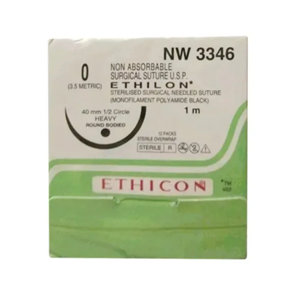 Ethicon Johnson - NW3346P - Ethilon Sutures - NW 3346 USP 0, 1/2 Circle Round Body Heavy - 12 Foils Box
