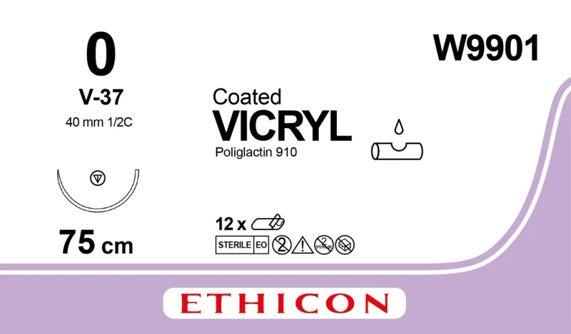 Ethicon Johnson - W9901 - Vicryl Sutures USP 0, 1/2 Circle Tapercut V-37 - W9901 - 12 Foils Box