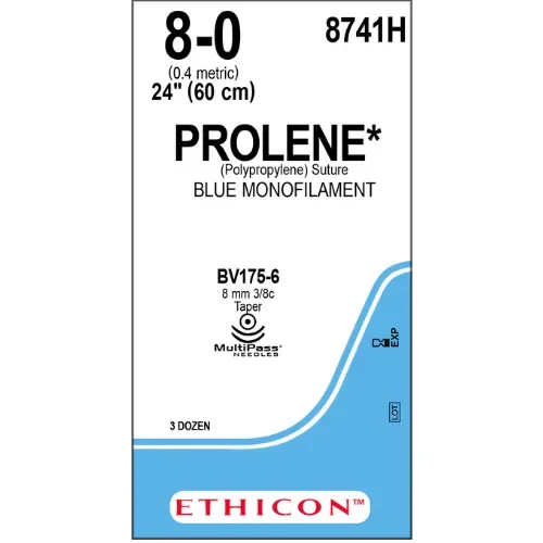 Ethicon Johnson - 8741H - Prolene Sutures USP 8-0, 3/8 Circle Taper Point BV 175-6 Ethalloy Double Needle 8741H - 36 Foils