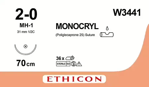 Ethicon Johnson - W3441 - Monocryl Sutures USP 2-0, 1/2 Circle Round Body MH-1 - W3441 - 12 Foils Box