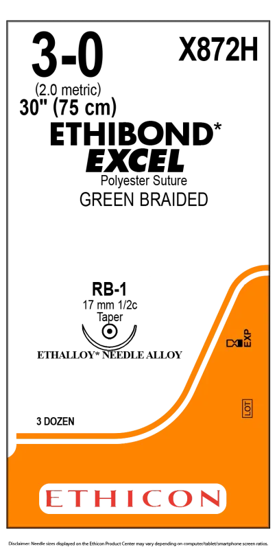 Ethicon Johnson - X872H - Ethibond Sutures USP 3-0, 1/2 Circle Round Body RB-1 Ethalloy - X872H - 36 Foils Box