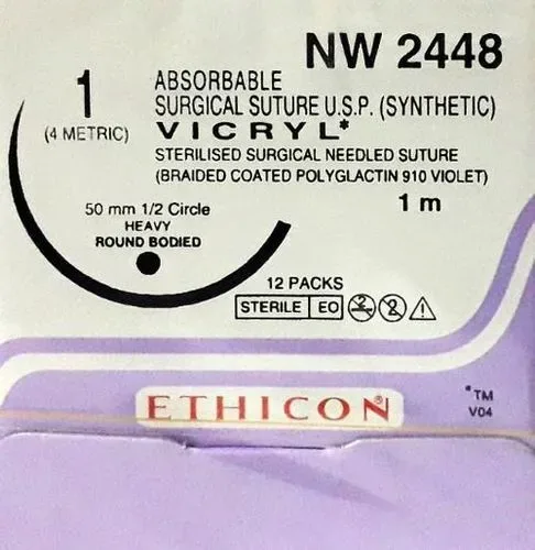 Ethicon Johnson - NW2448P - Vicryl Sutures USP 1, 1/2 Circle Round Body Heavy - NW2448 - 12 Foils Box