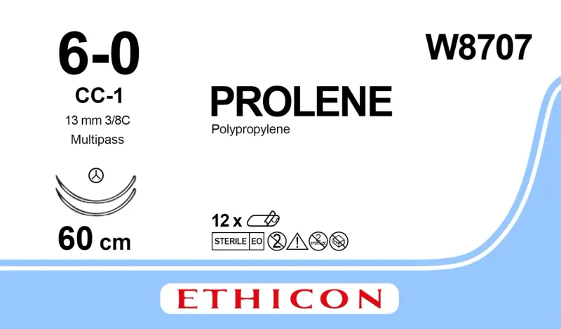 Ethicon Johnson - W8707 - Prolene Sutures USP 6-0, 3/8 Circle CC-1 MultiPass Double Needle W8707 - 12 Foils Box