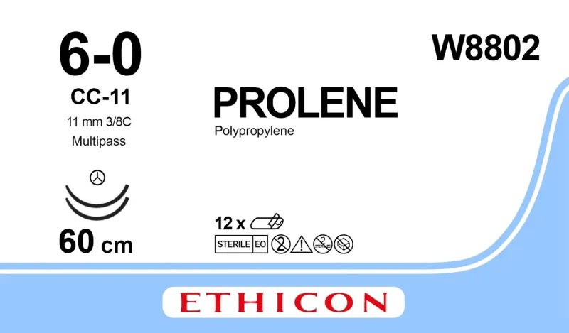 Ethicon Johnson - W8802 - Prolene Sutures USP 6-0, 3/8 Circle CC-11 Double Needle W8802 - 12 Foils Box