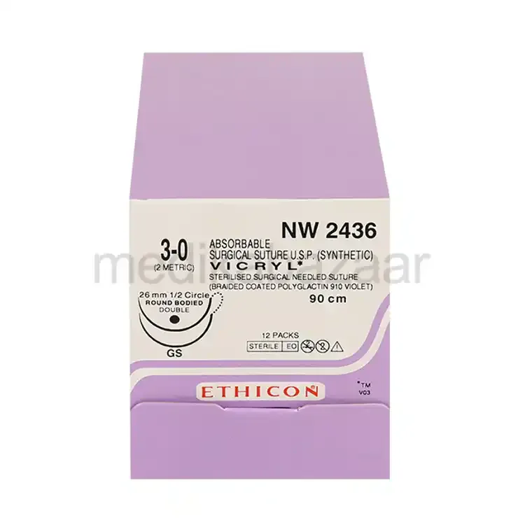 Ethicon Johnson - NW2436 - Vicryl Sutures USP 3-0, 1/2 Circle Round Body GS Double Needle - NW2436 - 12 Foils Box