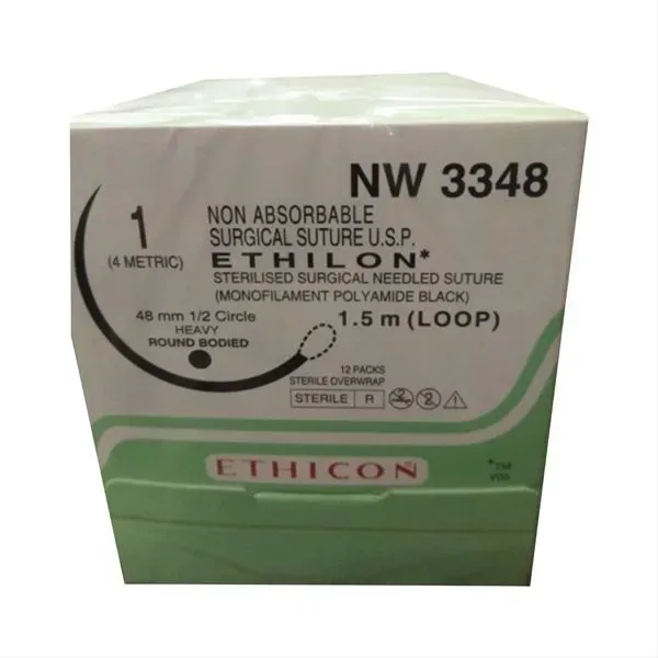 Ethicon Johnson - NW3348 - Ethilon Sutures - NW3348 USP 1, 1/2 Circle Round Body Heavy - 12 Foils Box