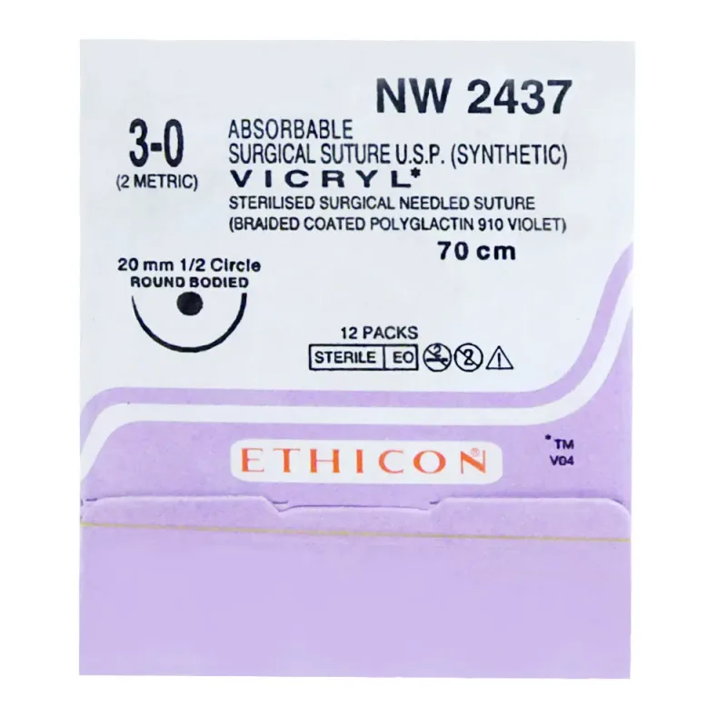 Ethicon Johnson - NW2437P - Vicryl Sutures USP 3-0, 1/2 Circle Round Body - NW 2437P - 12 Foils Box
