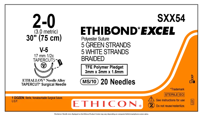 Ethicon Johnson - SXX54 - Ethibond Sutures USP 2-0, 1/2 Circle Tapercut V-5 Double Needle - SXX54 - 12 foils