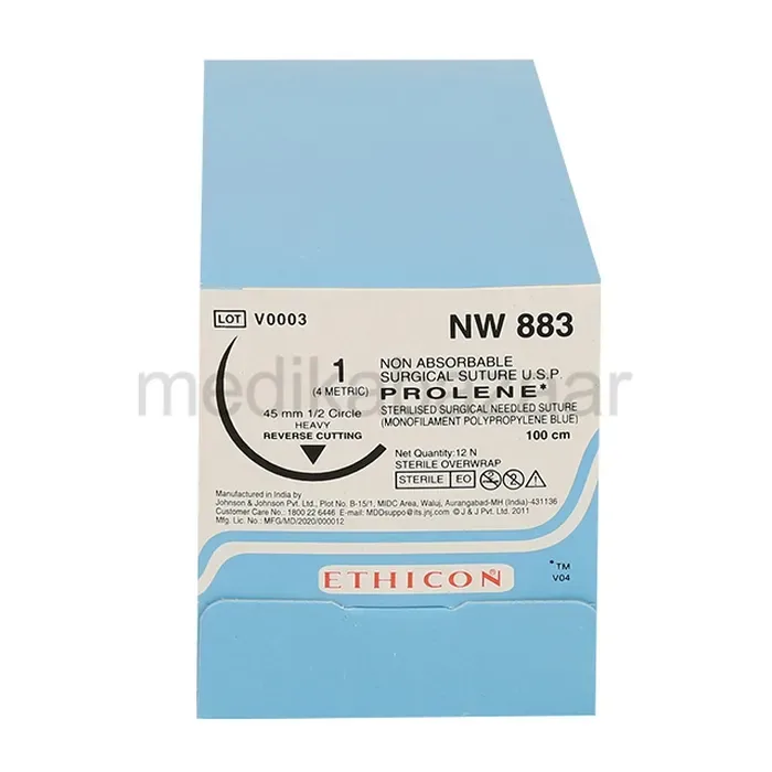 Ethicon Johnson - NW883P - Prolene Sutures USP 1, 1/2 Circle Reverse Cutting Heavy NW883 - 12 Foils Box