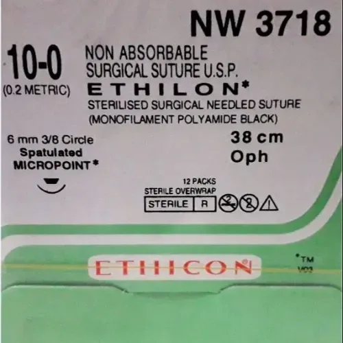 Ethicon Ethilon Sutures - NW3718 USP 10-0, 3/8 Circle Spatulated Micropoint -12 Foils