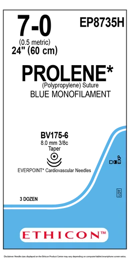 Ethicon Johnson - EP8735H - Prolene Sutures USP 7-0, 3/8 Circle Taper Point Double Needle EP8735H - 36 Foils Box