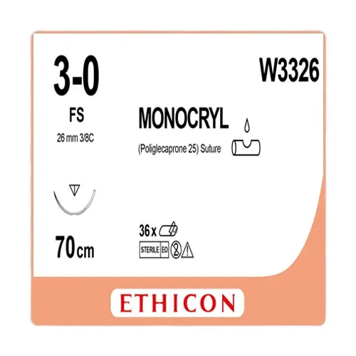 Ethicon Johnson - W3326 - Monocryl Sutures USP 3-0, 3/8 Circle Reverse Cutting - W3326 -12 Foils Box