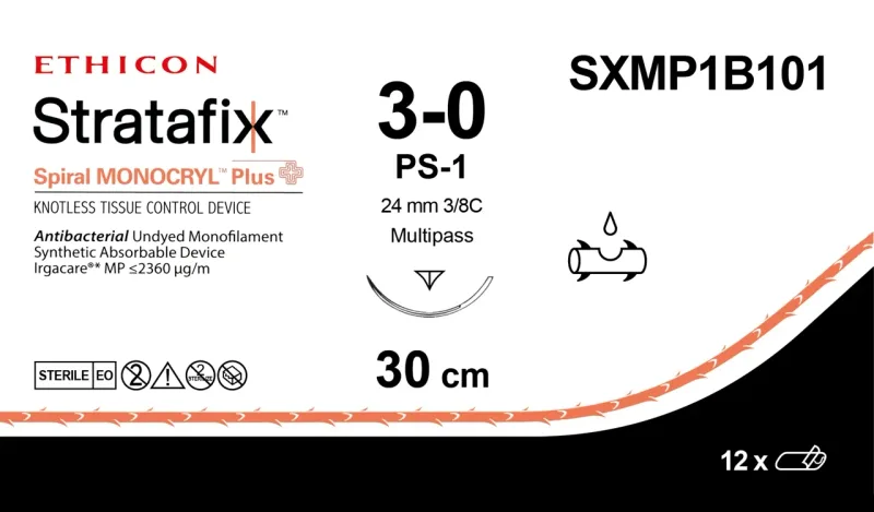 Ethicon Stratafix Spiral Monocryl Plus Sutures USP 3-0, 3/8 Circle Reverse Cutting - SXMP1B101