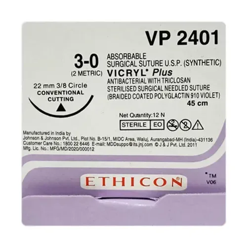 Ethicon Johnson - VP2401 - Vicryl Plus Sutures USP 3-0, 3/8 Circle Cutting VP 2401 - 12 Foils Box