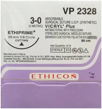 Ethicon Johnson - NW2328 - Vicryl Sutures USP 3-0, 3/8 Circle Cutting Ethiprime - NW 2328 - 12 Foils Box