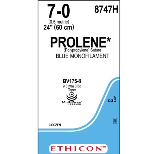 Ethicon Johnson - 8747H - Prolene Sutures USP 7-0, 3/8 Circle Taper Point BV 175-8 Double Needle 8747H - 36 foils Box