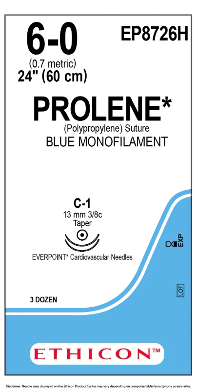Ethicon Johnson - EP8726H - Prolene Sutures USP 6-0, 3/8 Circle Taper Point C-V Double Needle EP8726H - 36 Foils Box