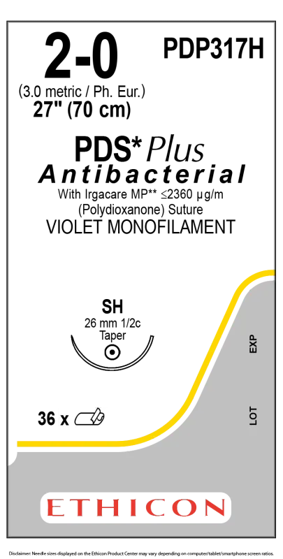 Ethicon Johnson - PDP317H - PDS Plus Sutures USP 2-0, 1/2 Circle Taper Point - PDP317H - 36 Foils Box