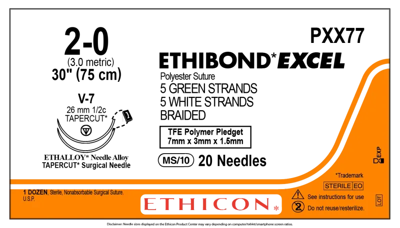 Ethicon Johnson - PXX77 - Ethibond Sutures USP 2-0, 1/2 Circle Tapercut V-7 Double Needle - PXX77 - 12 foils