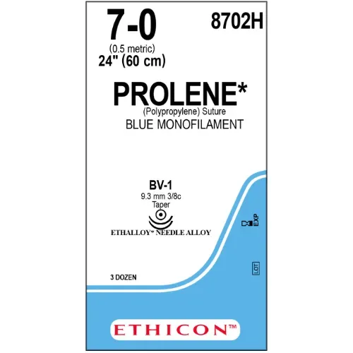 Ethicon Johnson - 8702H - Prolene Sutures USP 7-0, 3/8 Circle Taper Point BV-1 Ethalloy Double Needle 8702H - 36 Foils Box