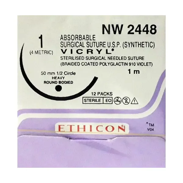 Ethicon Johnson - NW2448P - Vicryl Sutures USP 1, 1/2 Circle Round Body Heavy - NW2448P - 12 Foils Box