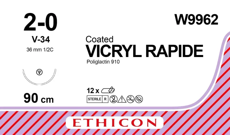 Ethicon Johnson - W9962 - Vicryl Rapide Sutures USP 2-0, 1/2 Circle Tapercut - W9962 - 12 Foils Box