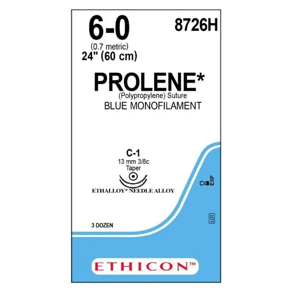 Ethicon Johnson - 8726H - Prolene Sutures USP 6-0, 3/8 Circle Taper Point C-1 Ethalloy Double Needle 8726H - 36 Foils Box