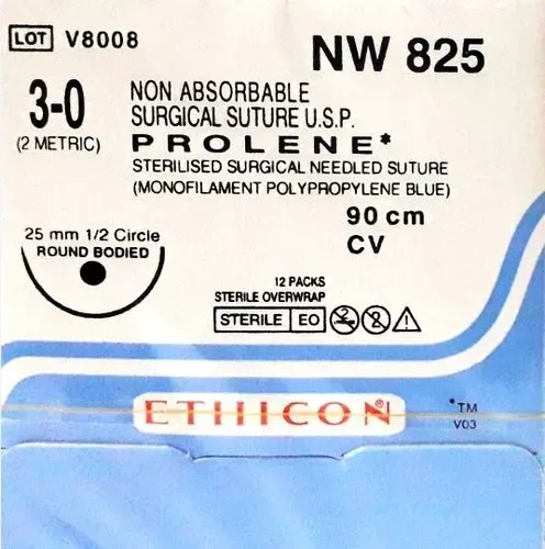 Ethicon Prolene Sutures USP 3-0, 1/2 Circle Round Body - NW825P - 12 Foils Box