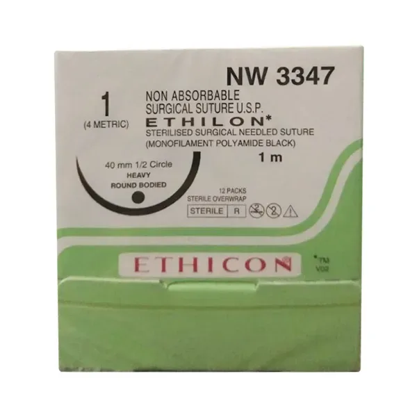 Ethicon Johnson - NW3347P - Ethilon Sutures - NW3347 USP 1, 1/2 Circle Round Body Heavy - 12 Foils Box
