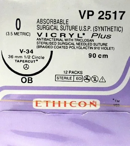 Ethicon Johnson - VP2517 - Vicryl Plus Sutures USP 0, 1/2 Circle Tapercut V-34 OB - VP 2517 - 12 Foils Box