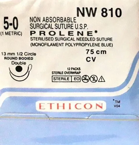 Ethicon Johnson - NW810 - Prolene Sutures USP 5-0, 1/2 Circle Round Body Double Needle NW810 - 12 Foils Box